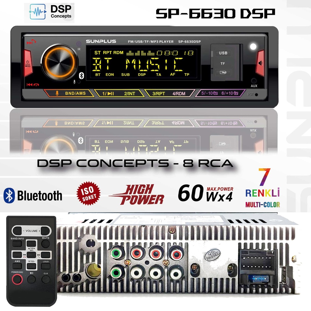 Oto Teyp DSP'li 4X60w 8rca 7 Renk Aplikasyonlu Sunplus SP-6630