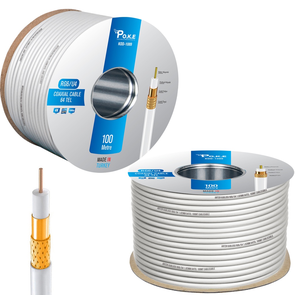 Anten Kablosu Gold RG6/U4 64Tel 1.02 100mt Poke PK-1089