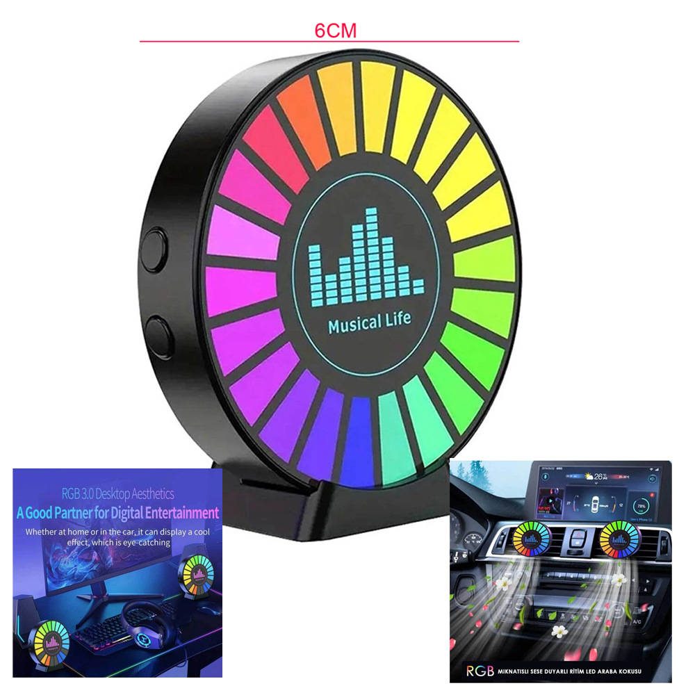 Dijital Ekolayzer RGB Led Sese Duyarlı Ritm Animasyonlu Çap 8cm Şarjlı PK-4047
