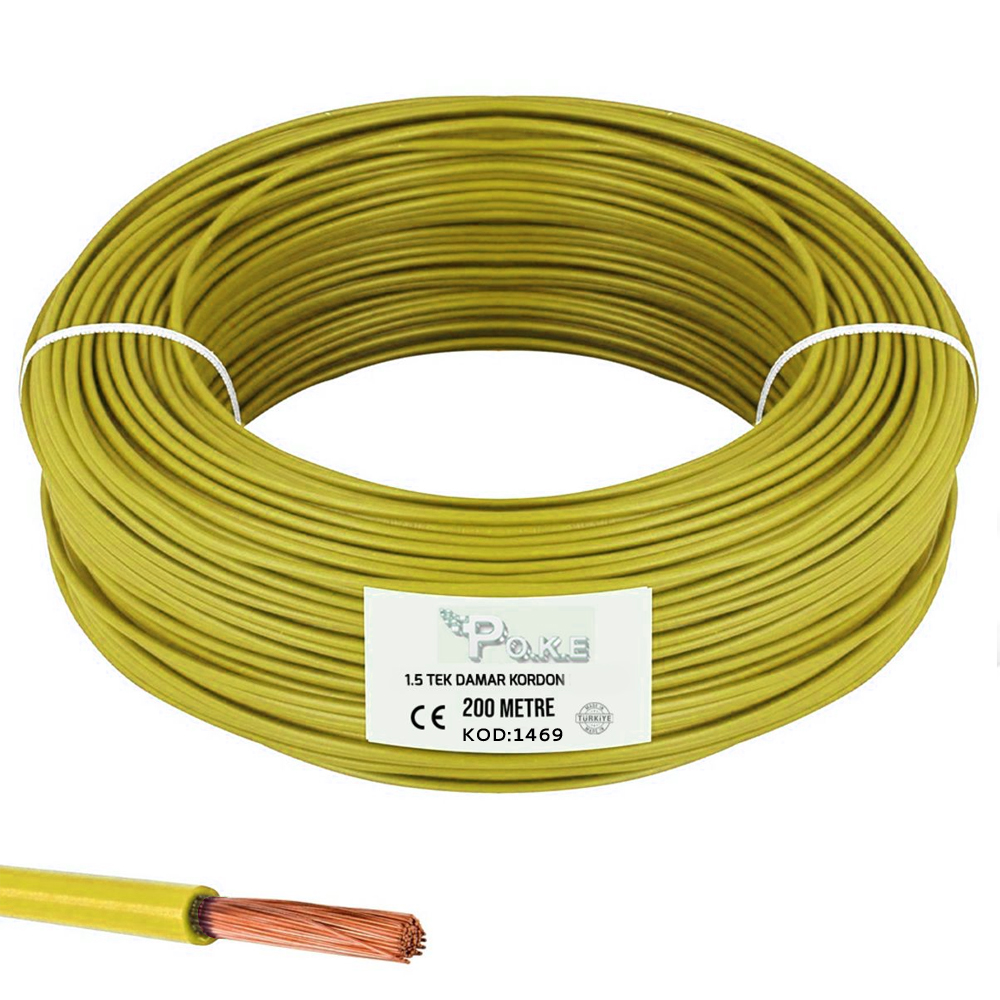 1.5 NYAF Kablo Tek Damar Kablo Sarı 200mt Poke Pk-1469