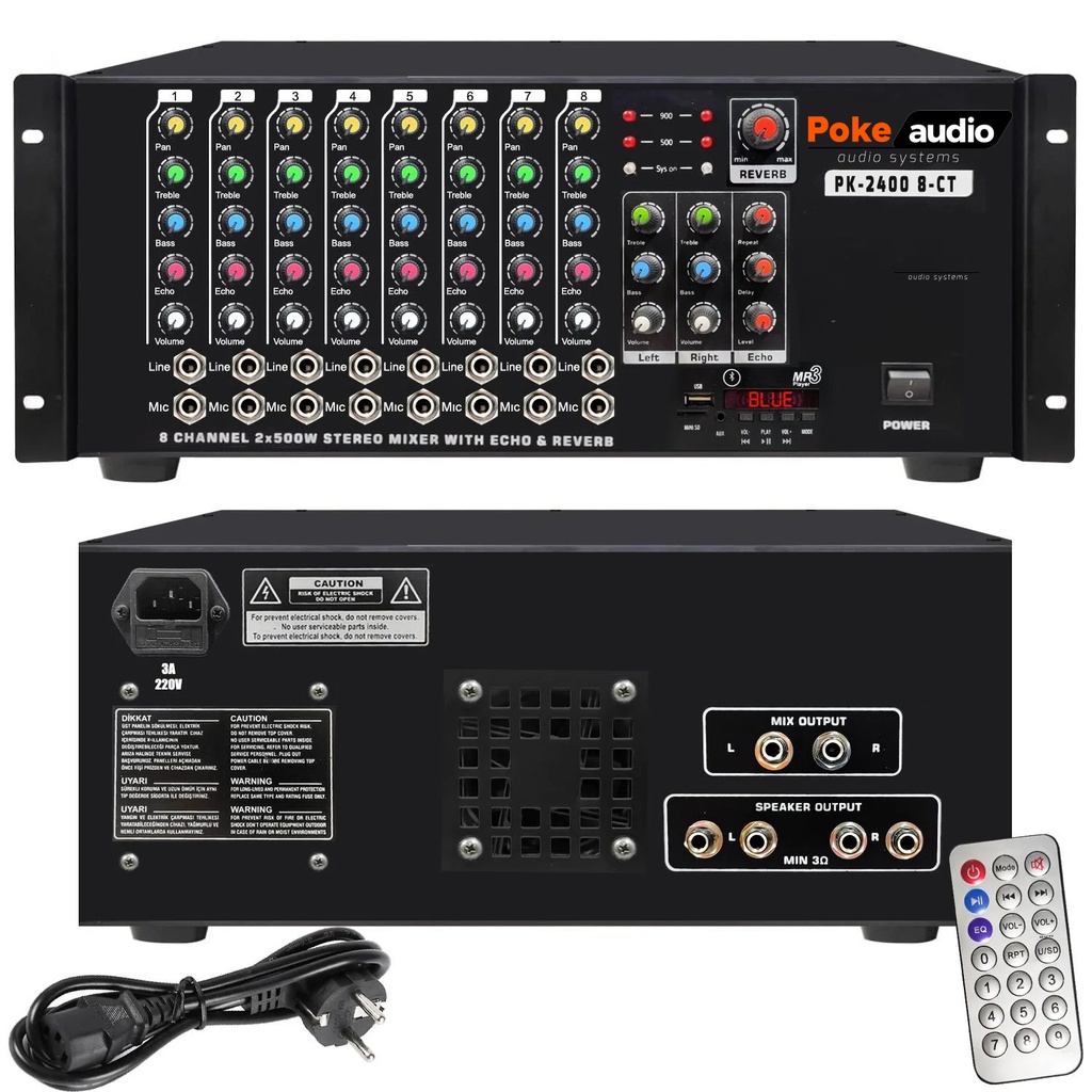 Küp Mixer Anfi 2X500w 8 Kanal Bölgeli Eko Trafolu Bt/Usb/Sd Poke PK-2400 8CT