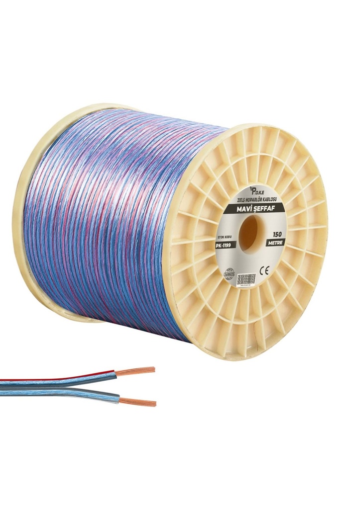 2x1.5 Hoparlör Kablosu Şeffaf Mavi Makaralı Kordon 100mt Poke Pk-1199