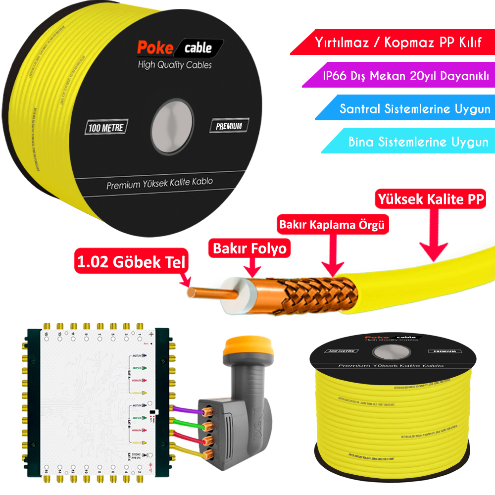 Dış Mekan PP Anten Kablosu Gold RG6/U4 64Tel 1.02 Sarı 100mt Poke PK-1473