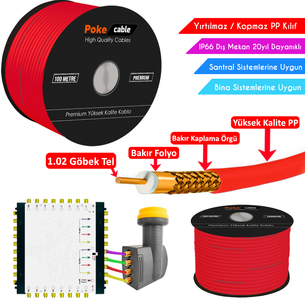 Dış Mekan PP Anten Kablosu Gold RG6/U6 64Tel 1.02 Kırmızı 100mt Poke PK-1474