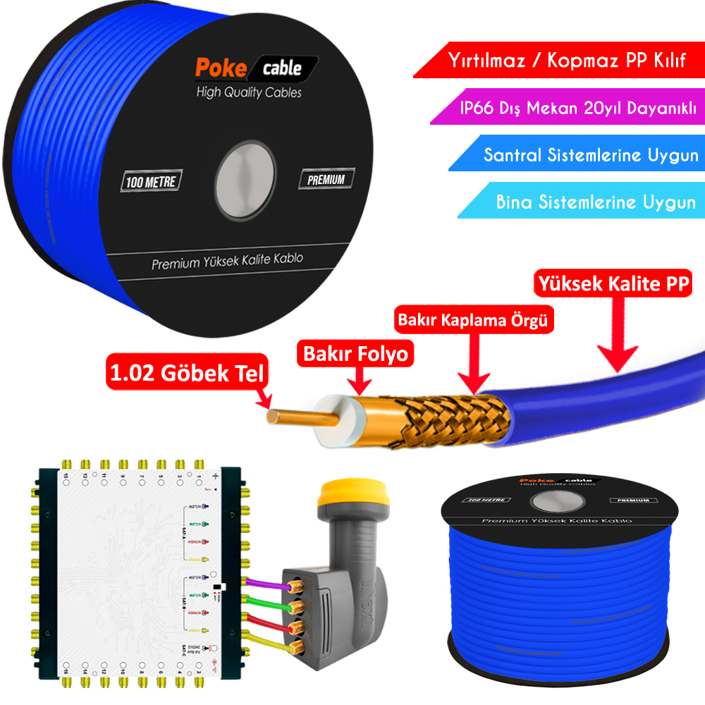Dış Mekan PP Anten Kablosu Gold RG6/U4 64Tel 1.02 Mavi 100mt Poke PK-1475