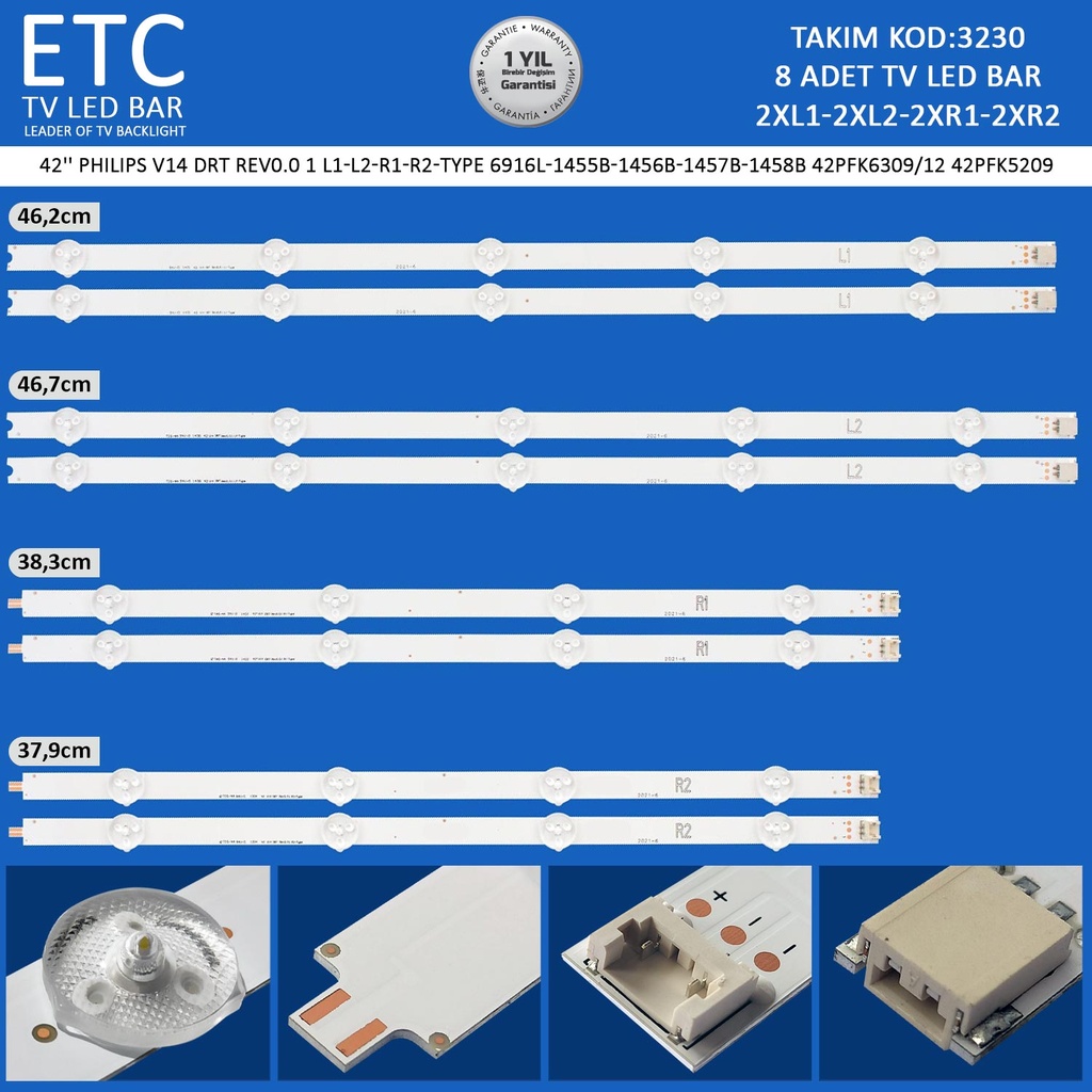 42'' PHILIPS V14 DRT REV0.0 1 L1-l2-r1-r2-TYPE 6916L-1455B-1456B-1457B-1458B 42PFK6309/12 42PFK5209 Tv Led Bar