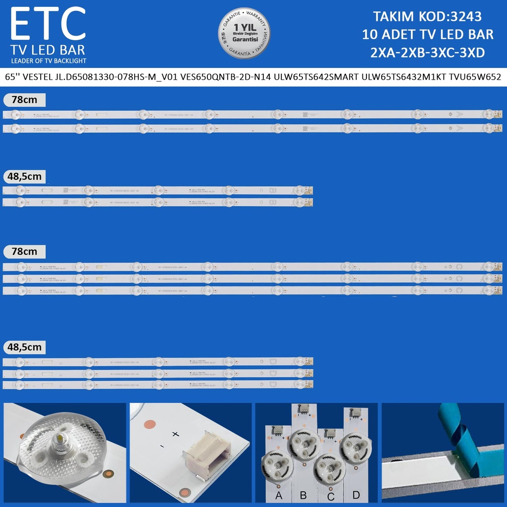 65'' VESTEL JL.D65081330-078hS-M_V01 VES650QNTB-2D-N14 ULW65TS642SMART ULW65TS6432M1KT TVU65W652 Tv Led Bar