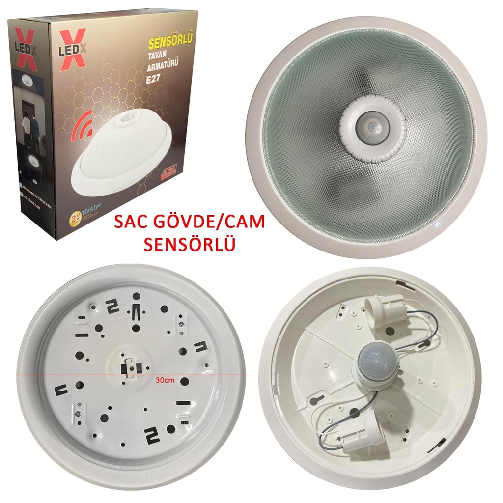 Led Tavan Armatür Sensörlü 2 Duylu Sac Gövde Cam LEDX  Ç1