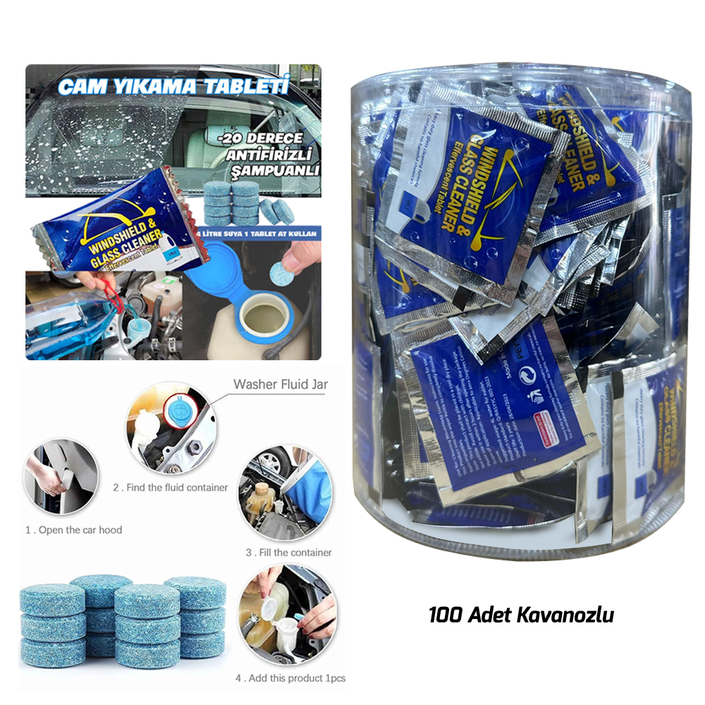 Oto Cam Suyu Tableti 100 Adet Antifirizli Şampuanlı 1 Tablet 4lt Su 20° Kavanozlu