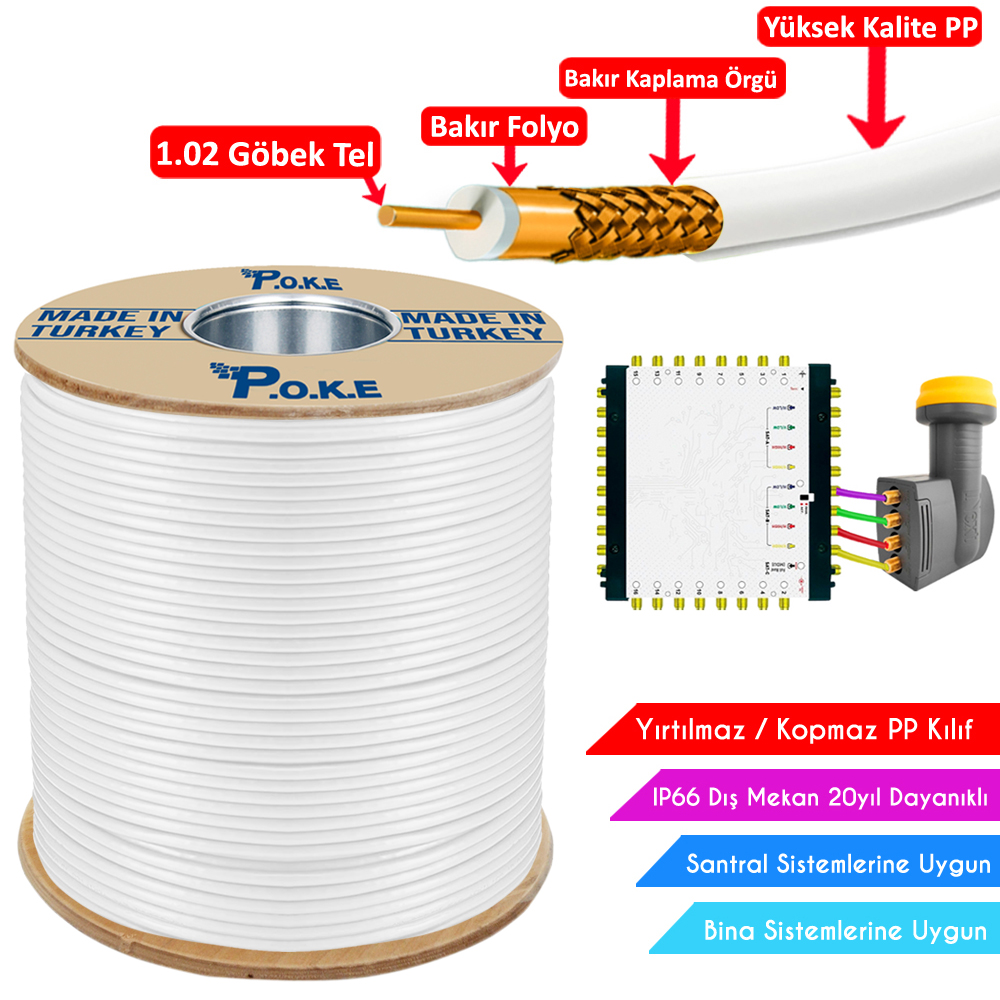 Dış Mekan PP Anten Kablosu Gold RG6/U4 64Tel 1.02 300mt Poke PK-1486