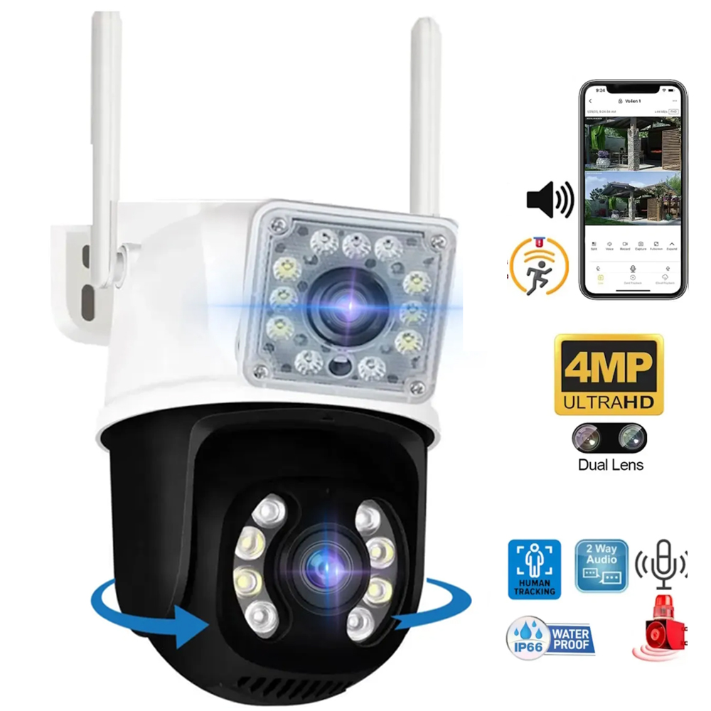 Wifi PTZ 2 Kamera Gece Renkli Sesli Ultra HD 2+2mp O-Kam PRO-3011