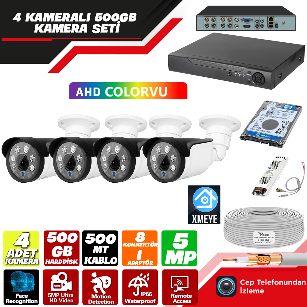 5mp 4 Kameralı 500gb Tak Kullan Set Xmeye PK-4634