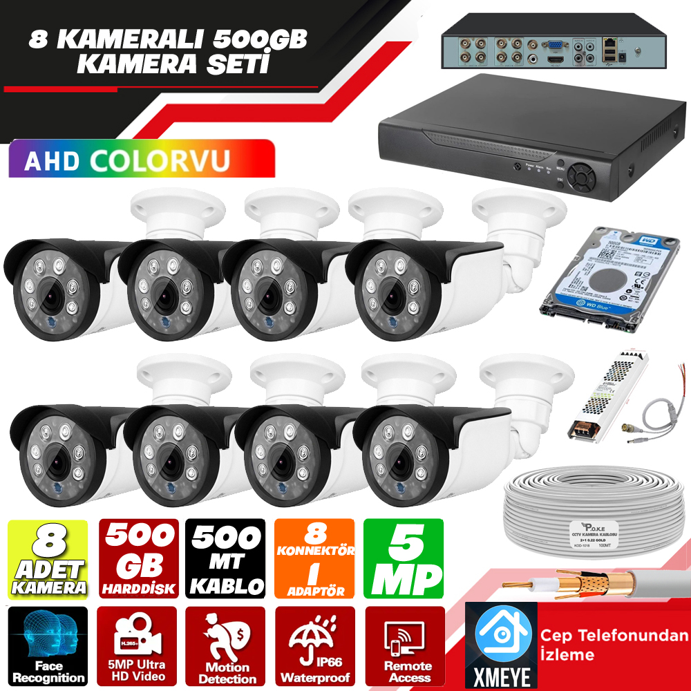 5mp 8 Kameralı 500gb Tak Kullan Set Xmeye PK-4635