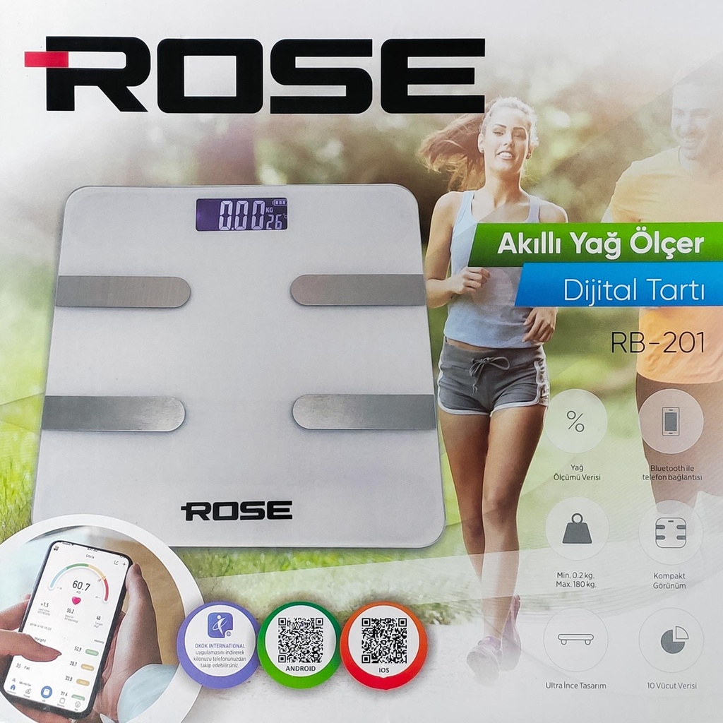 Dijital Baskül Tartı Akıllı Yağ Ölçer Bluetooth Telefon Uygulamalı Rose RB-201