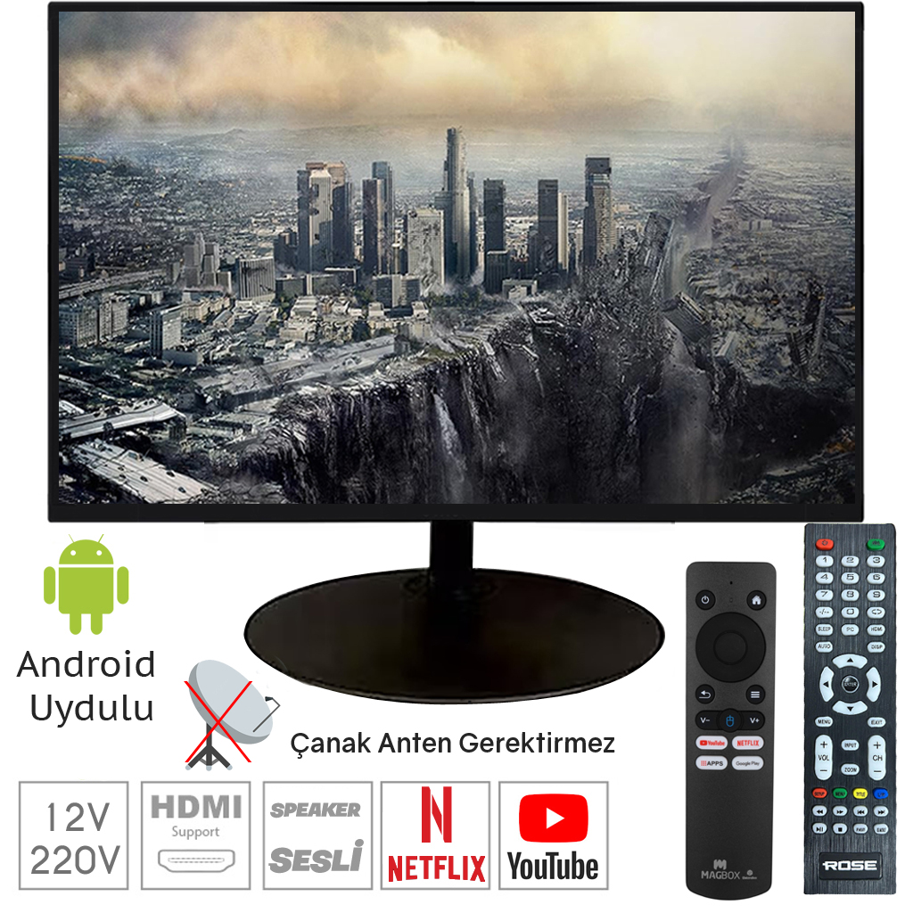 22'' Android Uydulu Televizyon 55 Ekran Hd Lcd Kumandalı 12v 220v Rose CM-122UY