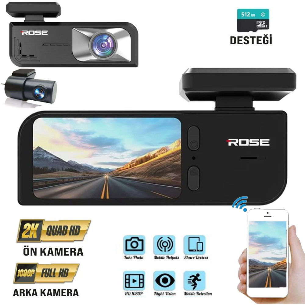 Wifi Araç İçi 2 Kamera DVR Led Ekran Gece Renkli Sesli 2K+1K Rose MR-76