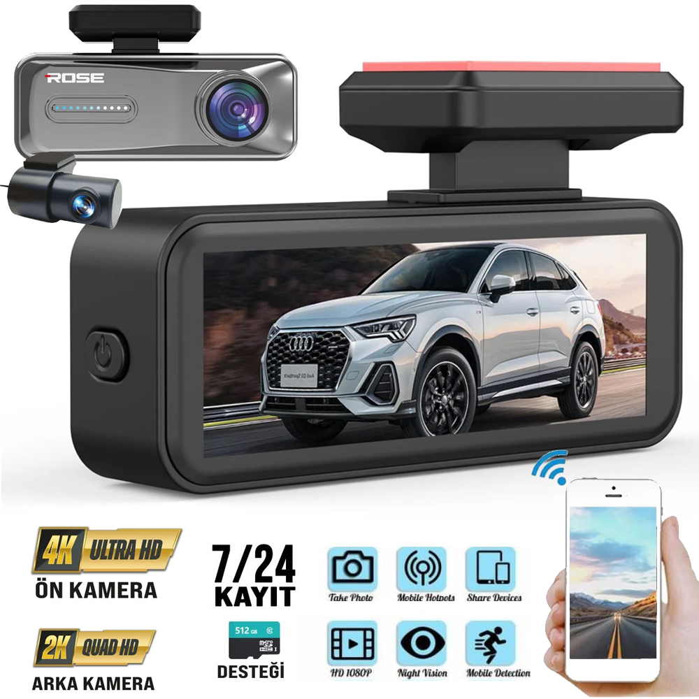 Wifi İkili Araç içi ve Arka Kamera DVR Led Ekran Gece Görüşlü 4K+2K Rose MR-81