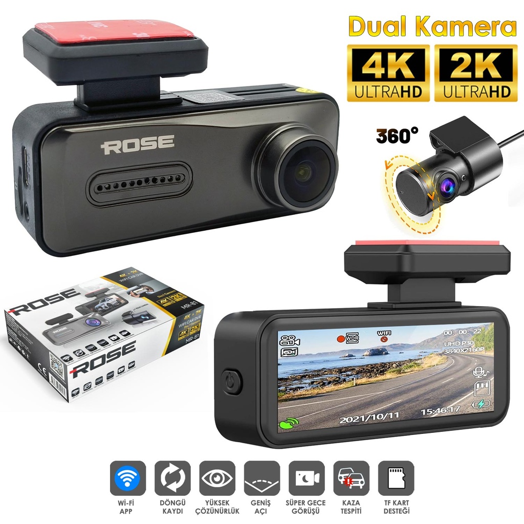 Wifi Araç İçi 2 Kamera DVR Led Ekran Gece Renkli Sesli 4K+2K Rose MR-81