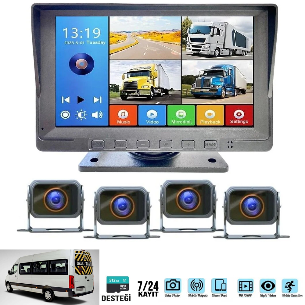 4 Kameralı 7'' DVR SD Kayıt'lı Araç Monitör Set Full HD Rose MR-16
