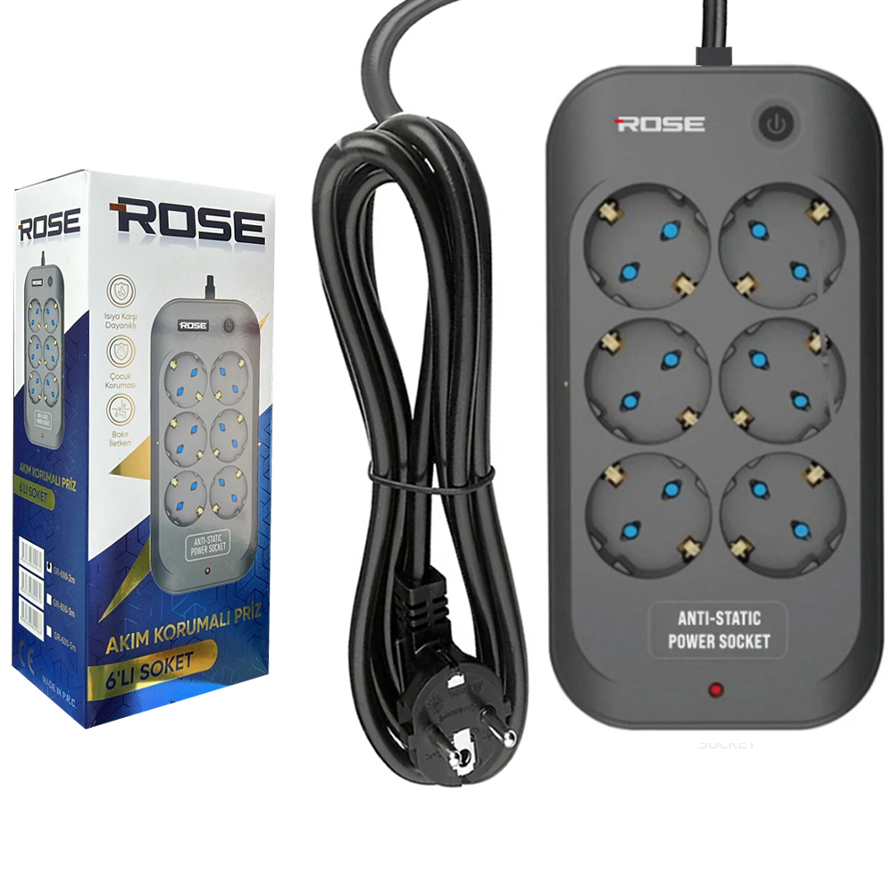 Altılı Akım Korumalı Grup Priz Anti Static 3X1.5 3mt Rose GR-600-3M
