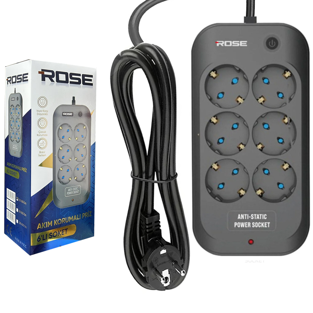 Altılı Akım Korumalı Grup Priz Anti Static 3X1.5 5mt Rose GR-6005M