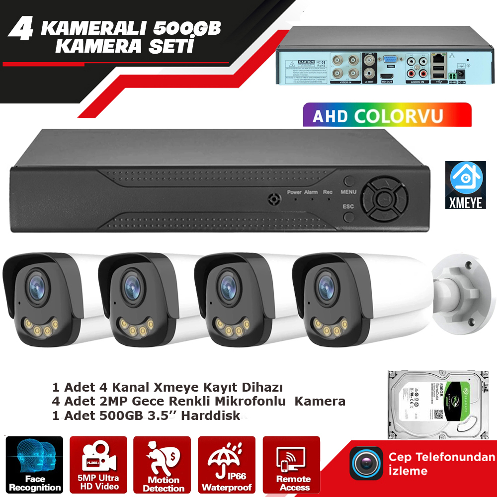 4 Kameralı 2mp AHD Set 500gb Gece Renkli Mikrofonlu Xmeye PK-8004