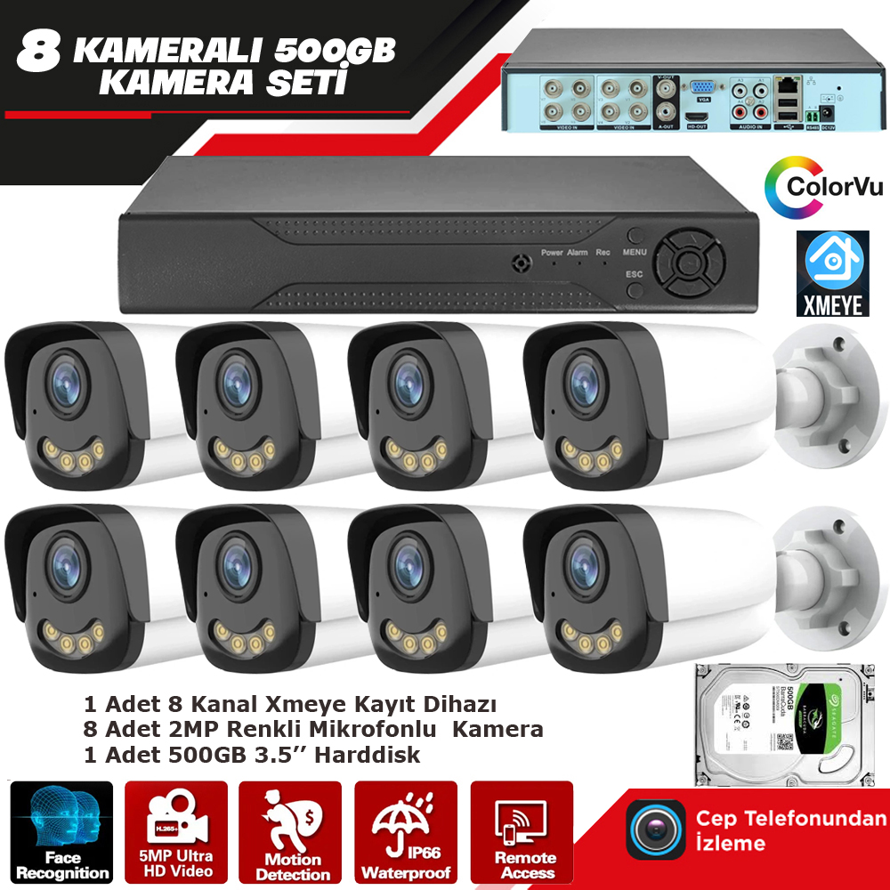 8 Kameralı 2mp AHD Set 500gb Gece Renkli Mikrofonlu Xmeye PK-8005