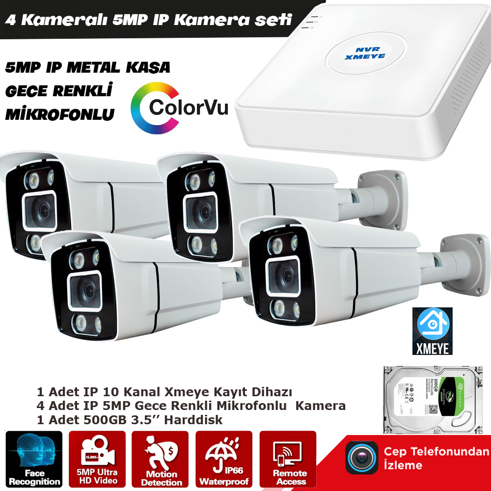 4 Kameralı 5mp IP Set 500gb Gece Renkli Mikrofonlu Metal Xmeye PK-8006