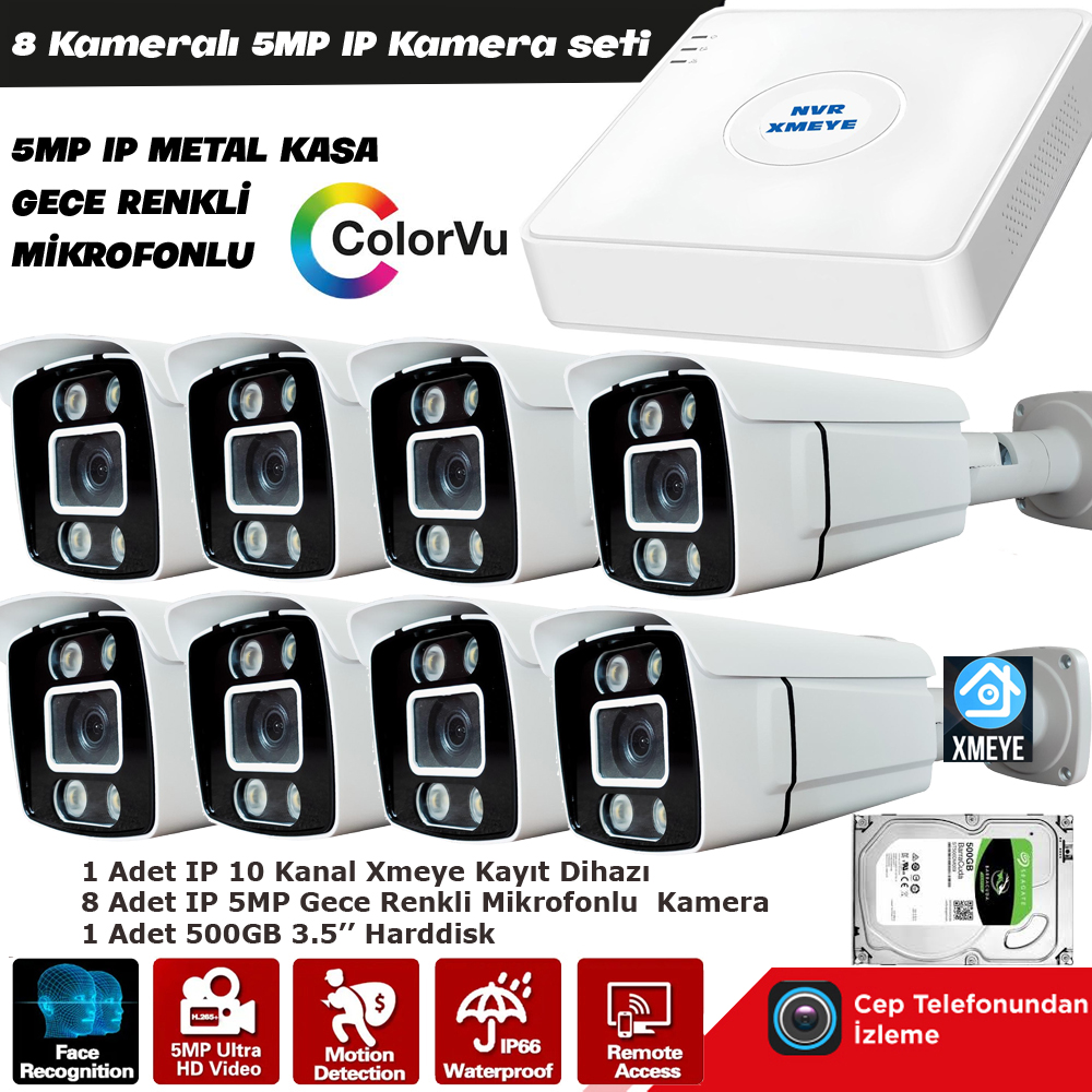 8 Kameralı 5mp IP Set 500gb Gece Renkli Mikrofonlu Metal Xmeye PK-8007