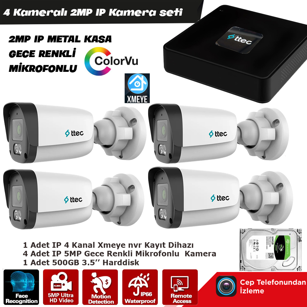 4 Kameralı 2mp IP Set 500gb Gece Renkli Mikrofonlu Xmeye Ttec 2330-M-M-LITE PK-8007