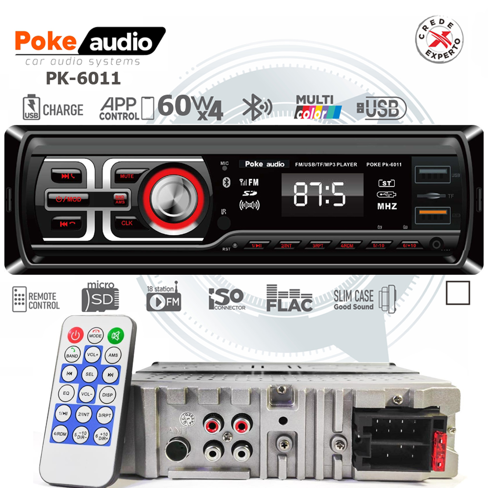 Oto Teyp 4x60 Watt BT 2xUSB Fm Şarjlı AplikasyonluPoke PK-6011