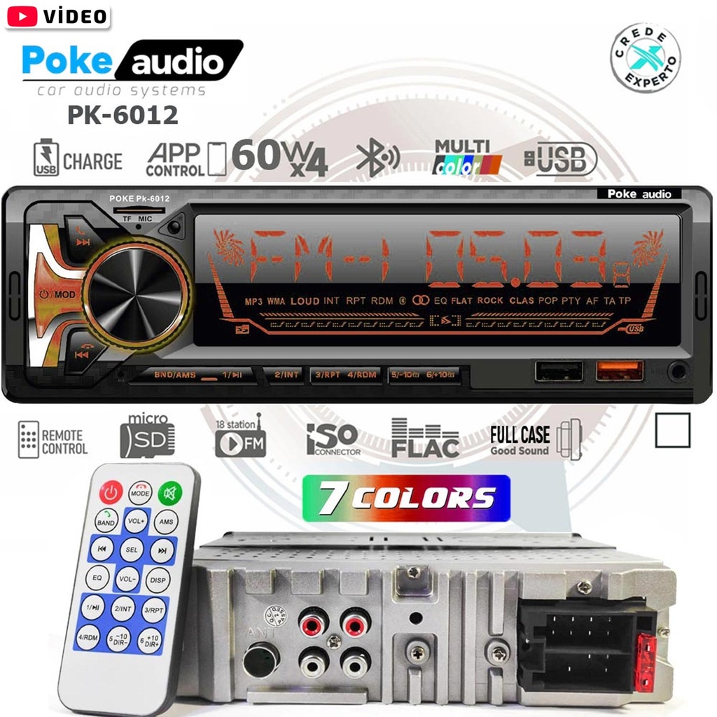 Oto Teyp 4x60 Watt BT 2xUSB Fm Şarjlı Aplikasyonlu 7388 Entegre 7 Renk Poke PK-6012