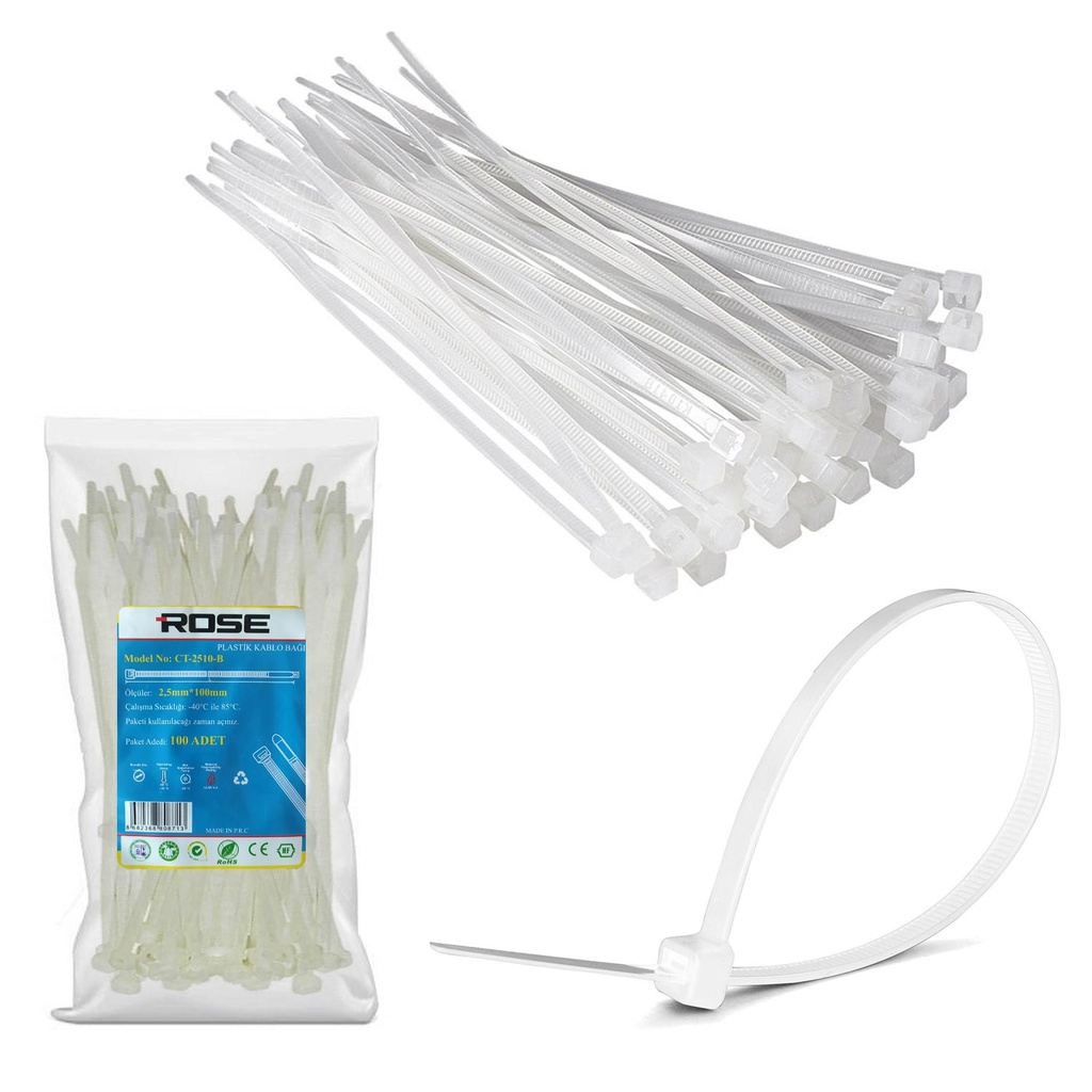 Kablo Bağı 10cm 2.5mm Naylon Beyaz 100 Adet Rose CT-2510B