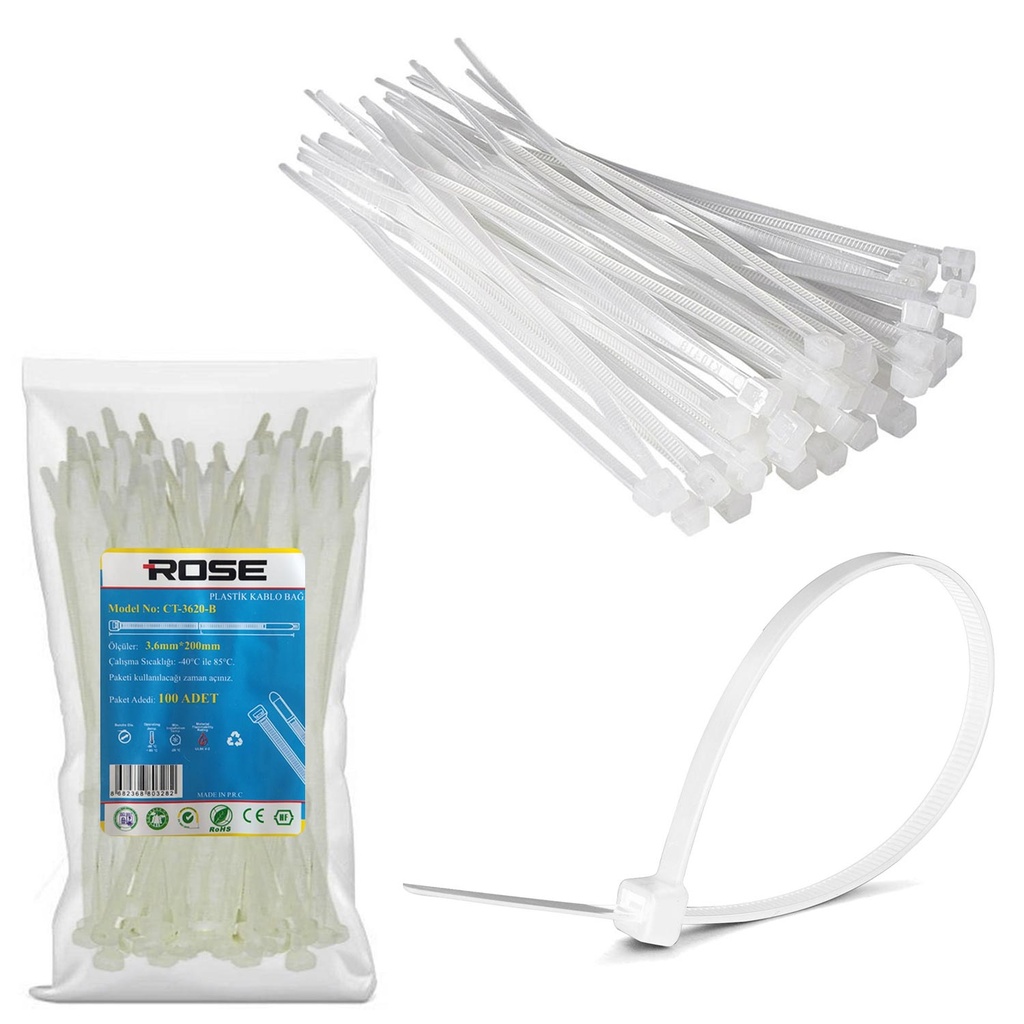 Kablo Bağı 20cm 3.6mm Naylon Beyaz 100 Adet Rose CT-3620B