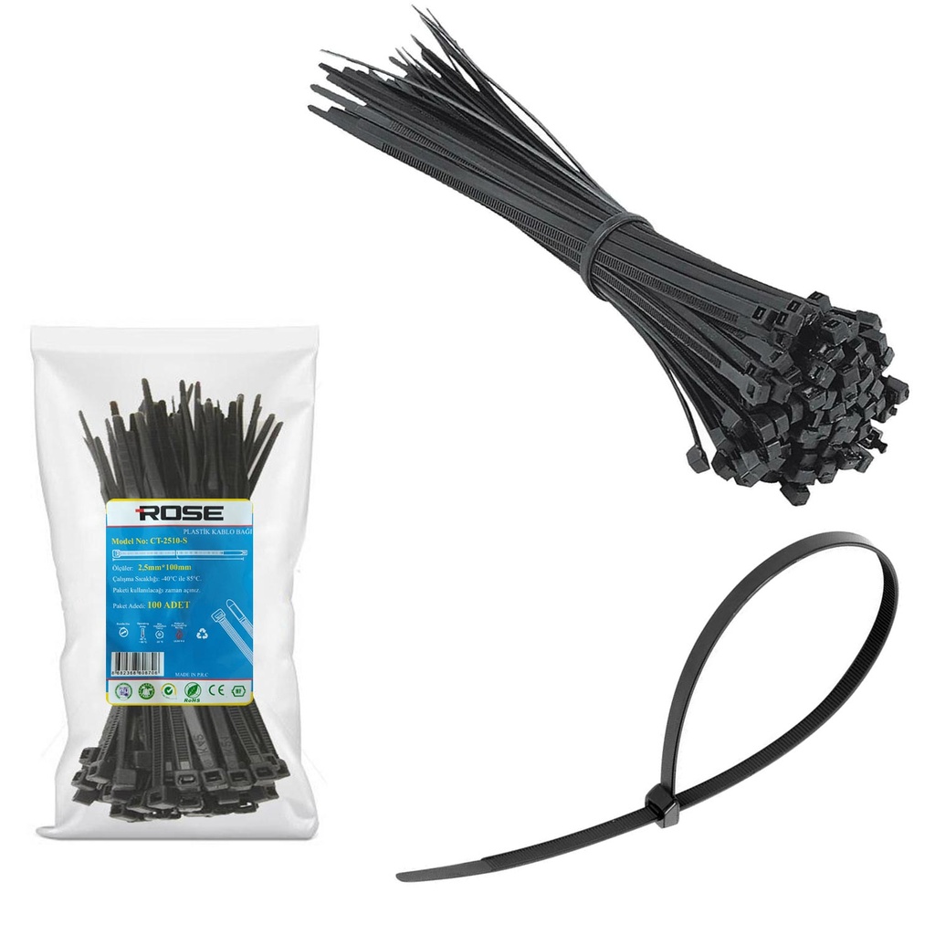 Kablo Bağı 10cm 2.5mm Naylon Siyah 100 Adet Rose CT-2510S