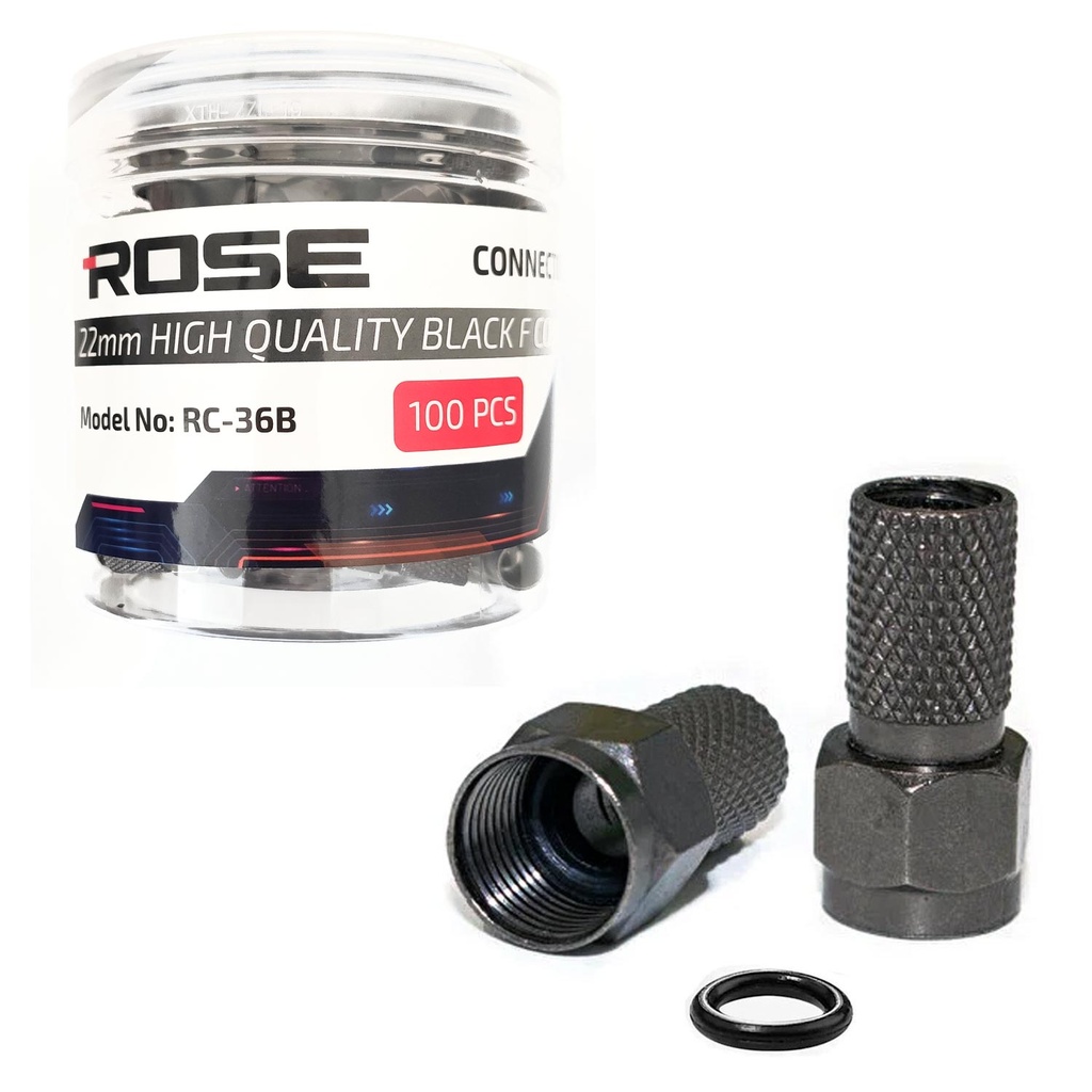 RG6 F Konnektör Contalı Premium 22mm Siyah 100 Adet Rose RC-36B