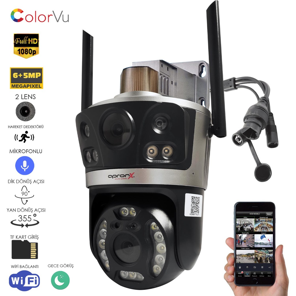 Wifi PTZ 2 Kamera 6MP Gece Renkli Sesli Alarmlı Apronx APX-WPG262