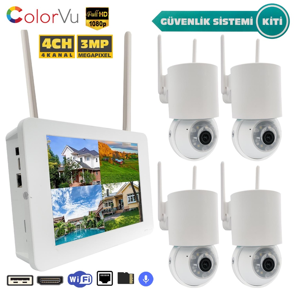 Wifi Kablosuz Kamera Seti NVR + 4 Kamera 3MP Colorvu + 10" LCD Monitör Apronx AX-DSM600