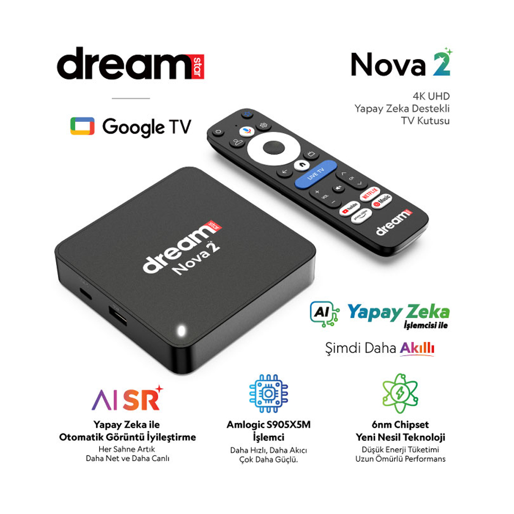 Android Tv Box Uydu Alıcı 2-32gb 6K Google TV AI SR Yapay Zeka Lisanslı Dreamstar Nova 2