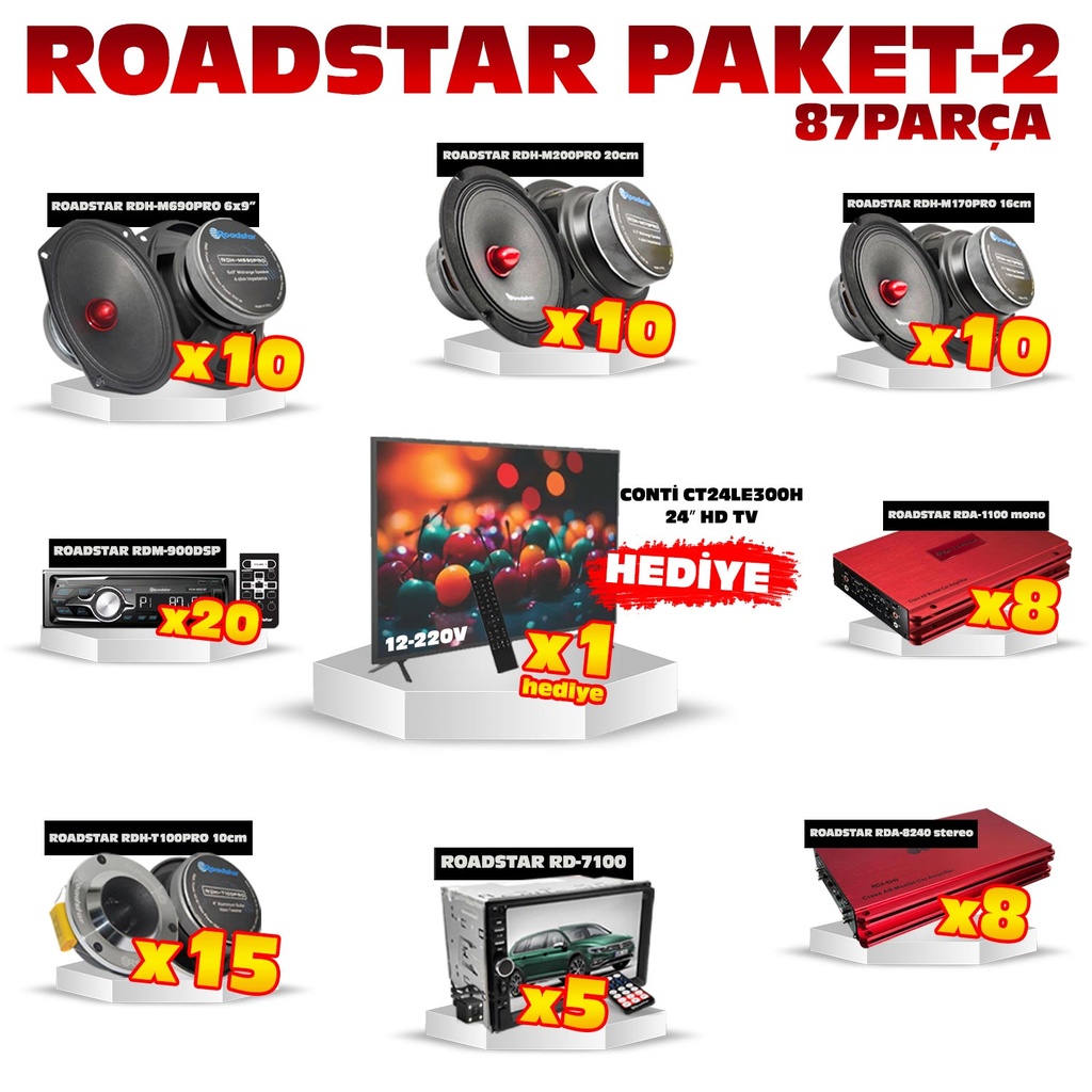 Paket-2 87 Parça Roadstar Seti Midrange+Twt+Type+Anfi+Double