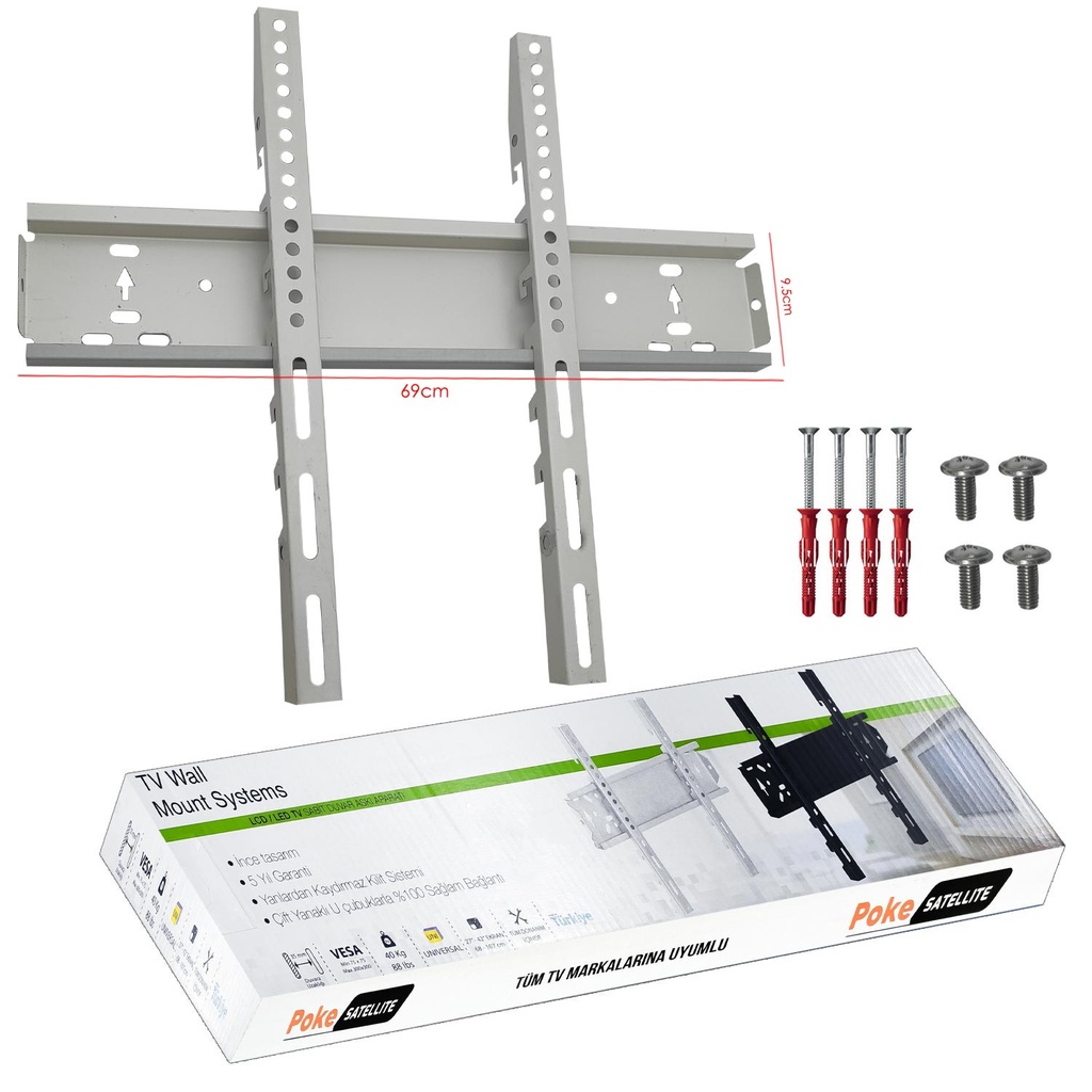 55'' 65'' 75'' 140-165cm-190cm Lcd Askı Aparatı Sabit Beyaz 70/11 Poke PK-8104
