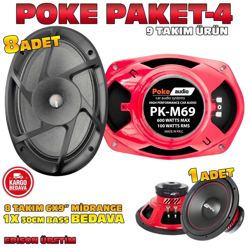 Poke Paket-4 Midrange Seti 9 Takım Oval 6x9'' 600w + 1x30cm Bass Hediye