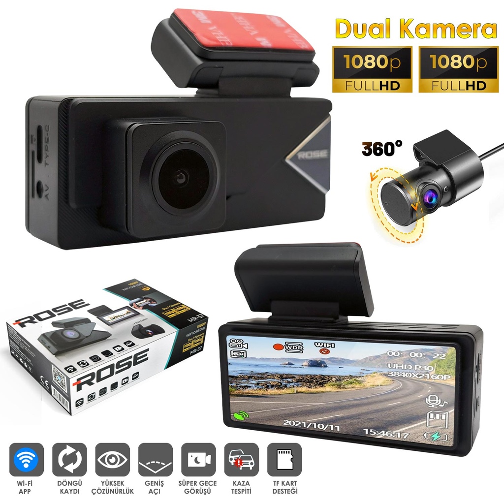 Wifi Araç İçi 2 Kamera DVR Led Ekran Gece Renkli Sesli 1080P+1080P Rose MR-37