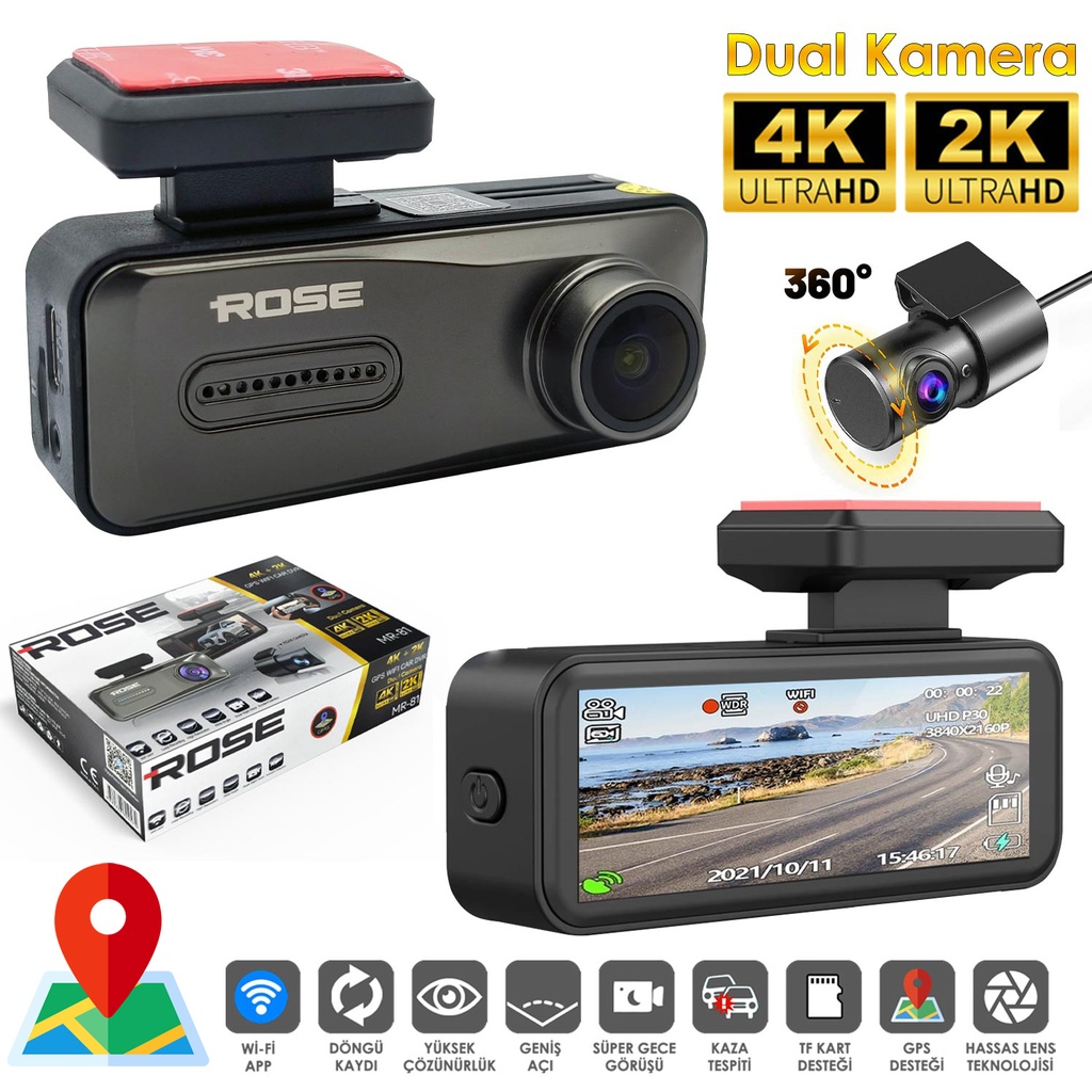 Wifi Araç İçi 2 Kamera GPS'li DVR Led Ekran Gece Renkli Sesli 4K+2K Rose MR-81GPS