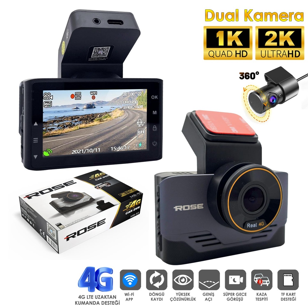 4G Wifi Sim Kartlı Araç İçi 2 Kamera DVR Led Ekran Gece Renkli Sesli 2K+1K Rose MR-93