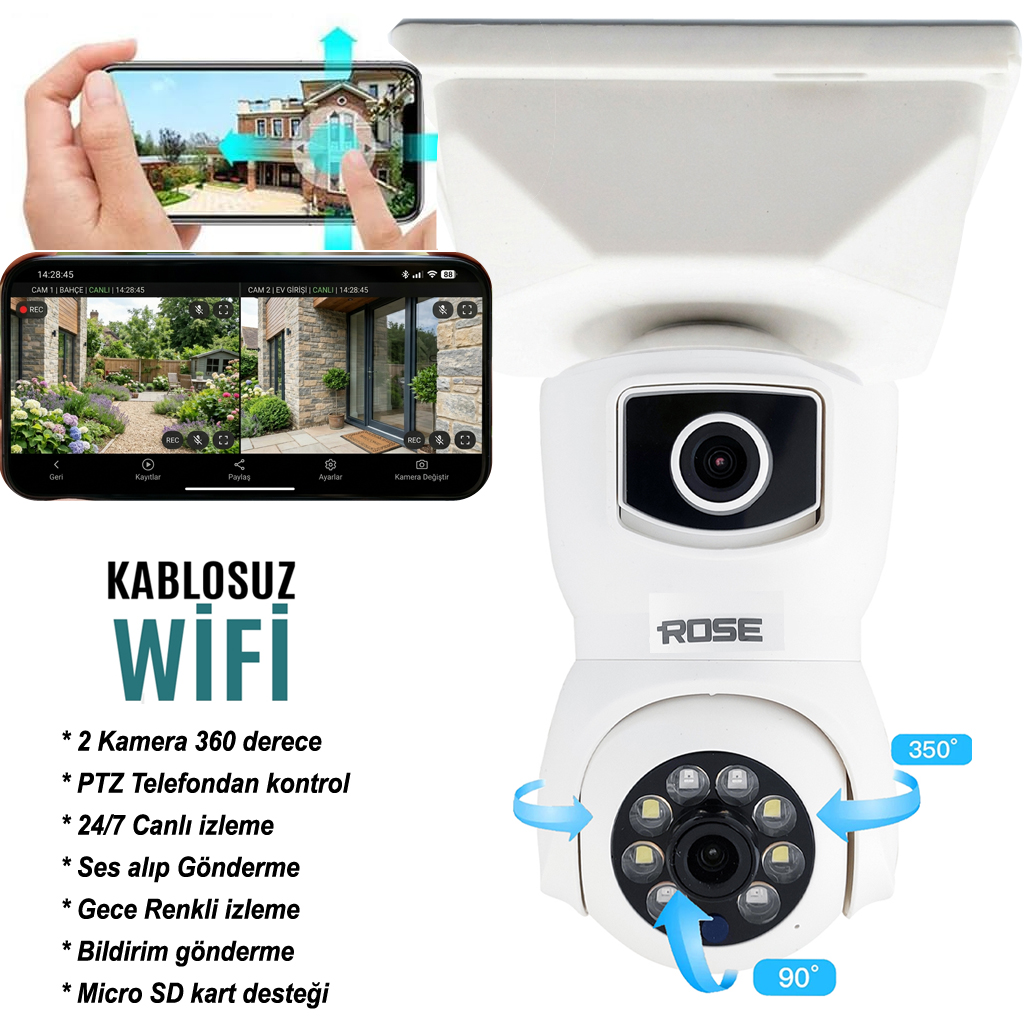 Wifi PTZ Akıllı 2 Kamera Ampul Gece Renkli Sesli Tak Kullan Buatlı Rose 30125-BT