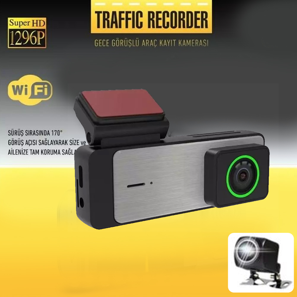 Wifi Araç İçi 2'li Kamera DVR Led Ekran Gece Renkli Sesli Super HD Pars PRS K-902