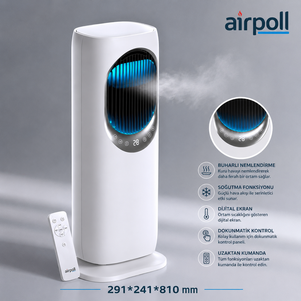 Soğutucu Isıtıcı Buharlı Mobil Fan Su Depolu 291*241*810mm Airpoll HF02