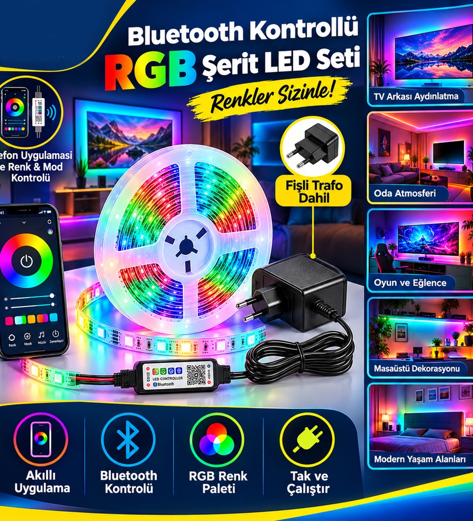 RGB Wifi Şerit Led Tak Kullan 5 Metre Telefon Kontrollü 3 Çipli