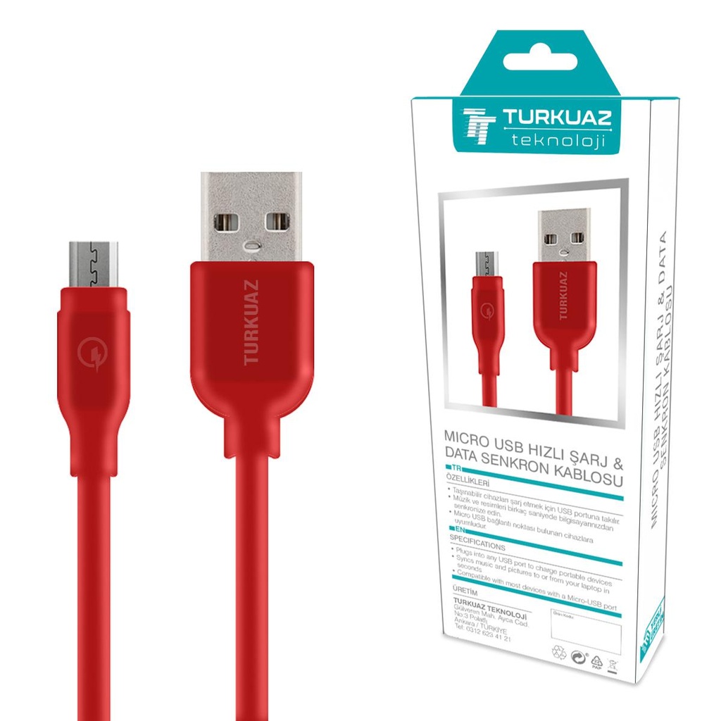 Micro Şarj Kablosu 2.4a Kırmızı 100cm Turkuaz